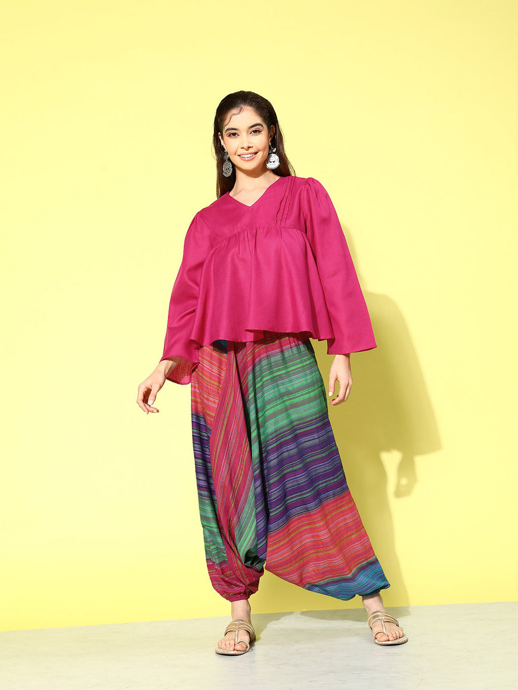 InWeave Women's Magenta Top With Multi Clr Harem Set
