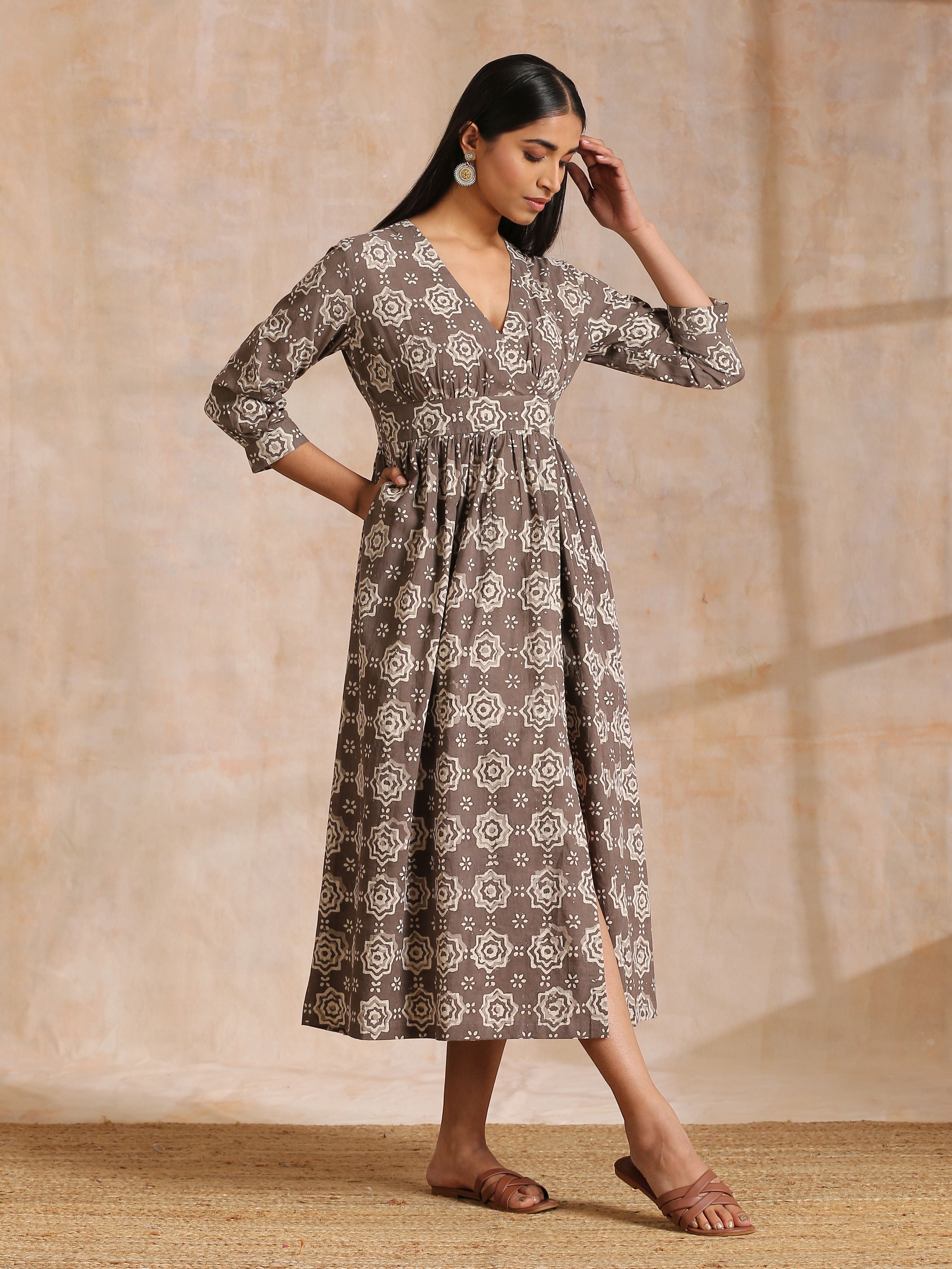 trueBrowns Clay Dabu Overall Print Cotton Wrap Dress | Relove