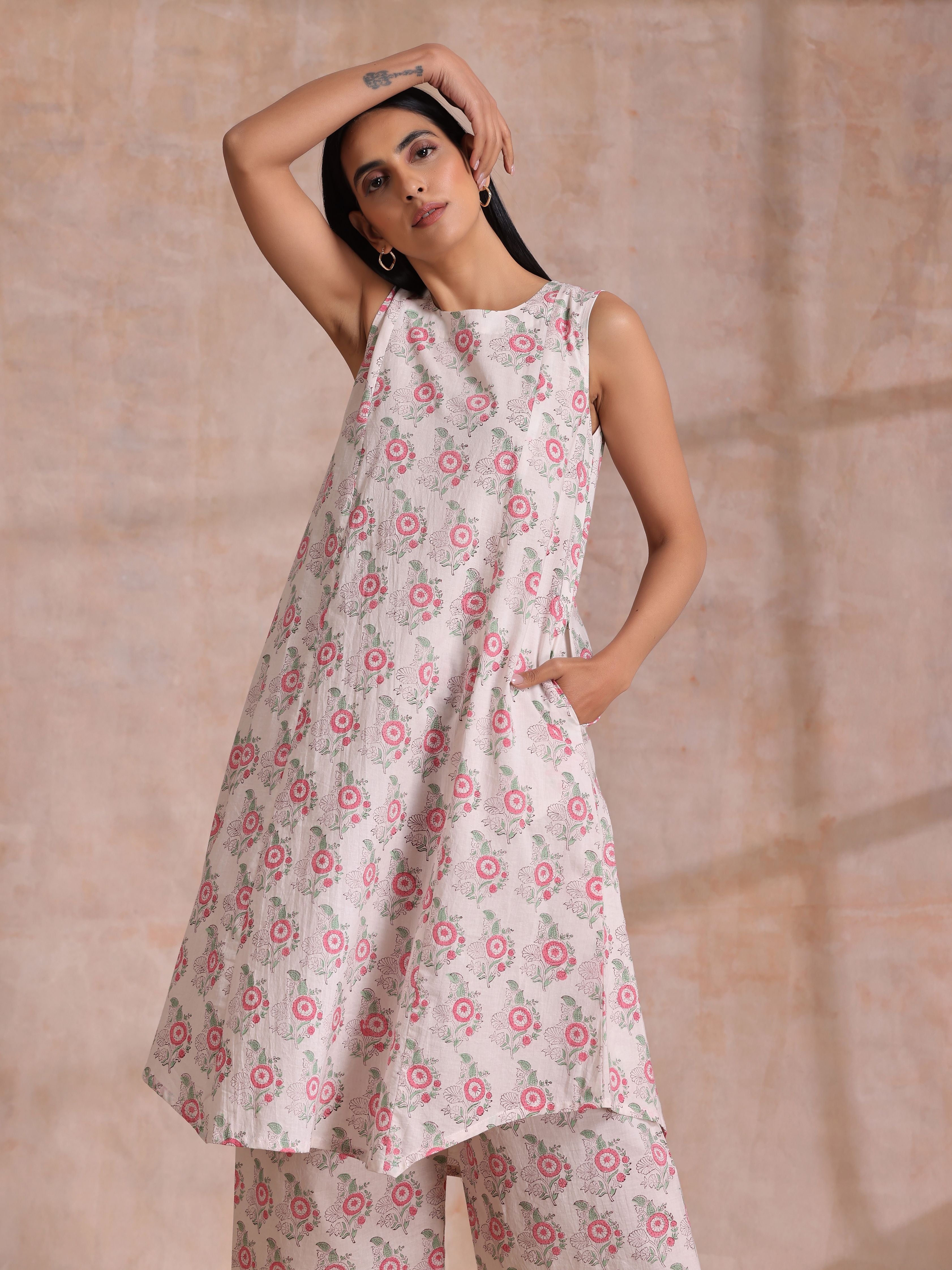 trueBrowns Pink Green Buta On White Block Print Cotton High-Low Co-Ord Set