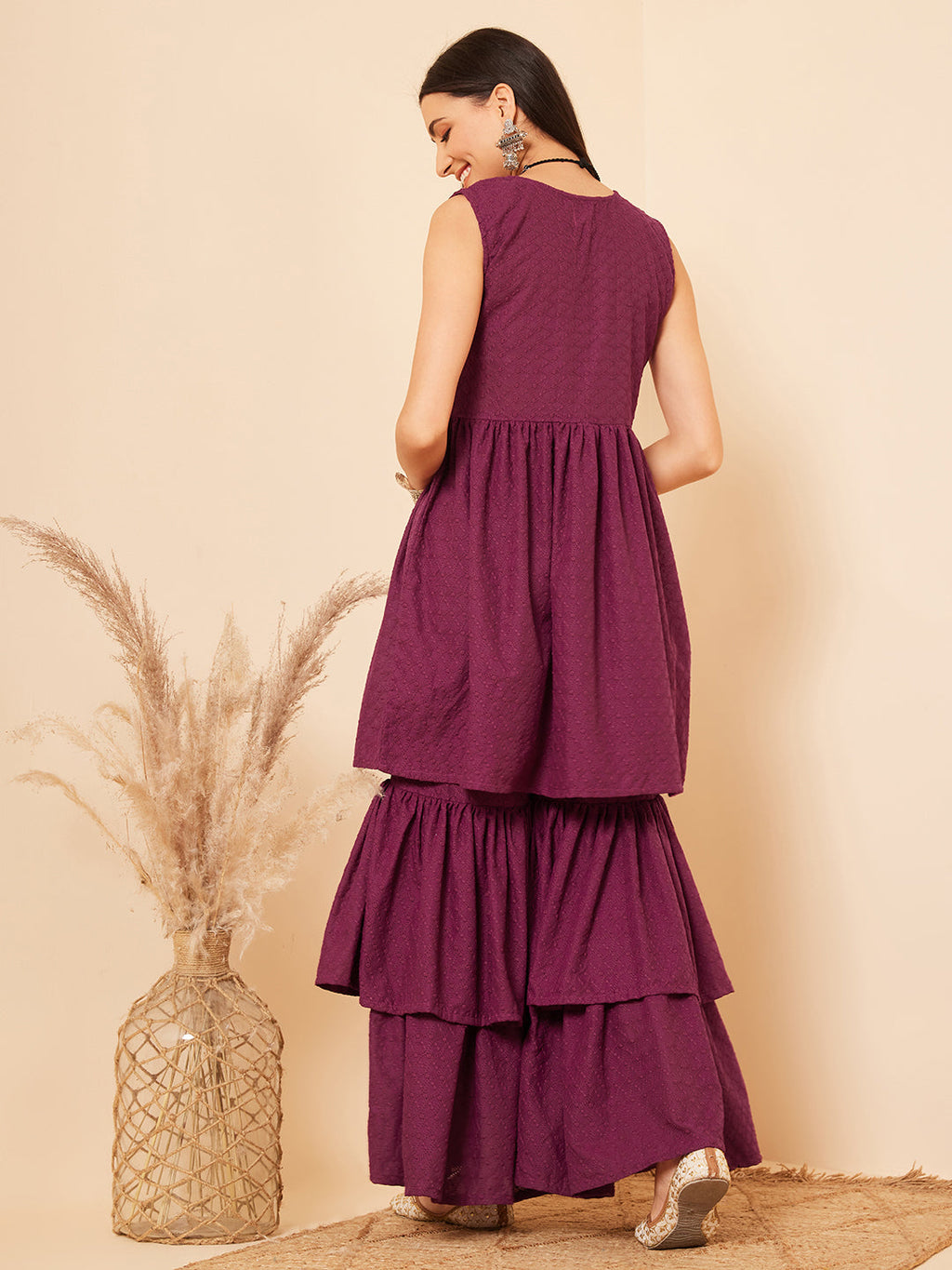 InWeave Women's Purple Lace Work Double Layer Sharara Set