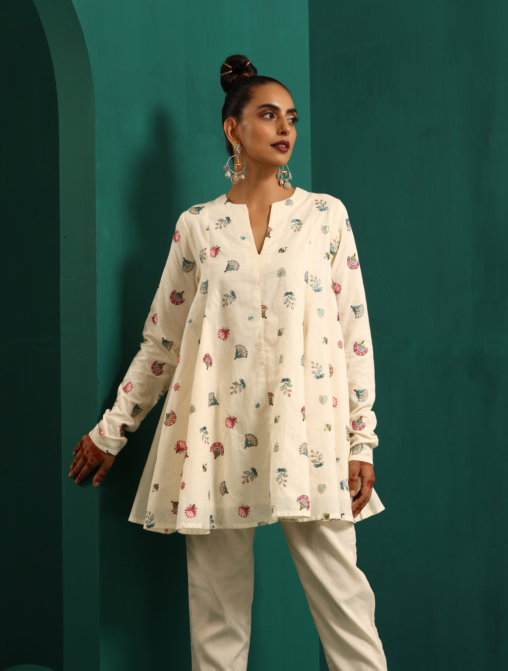 trueBrowns Ivory Multi Color Floral Cotton Flared Co-ord Set