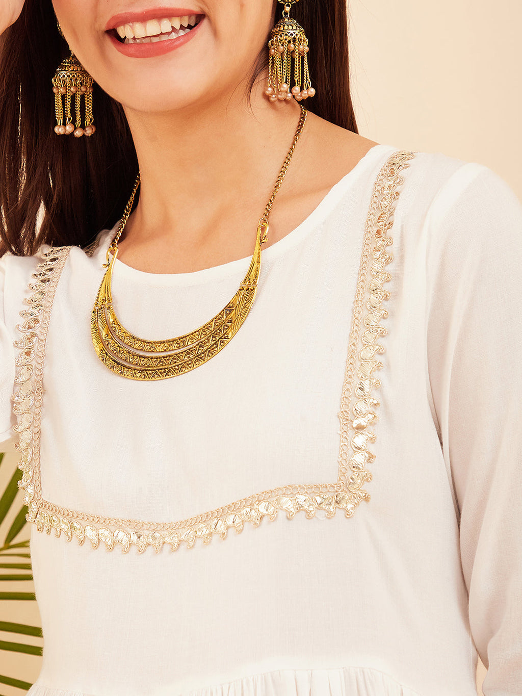 InWeave Women's White Round Neck Square Gota Work Kurta Pant Set