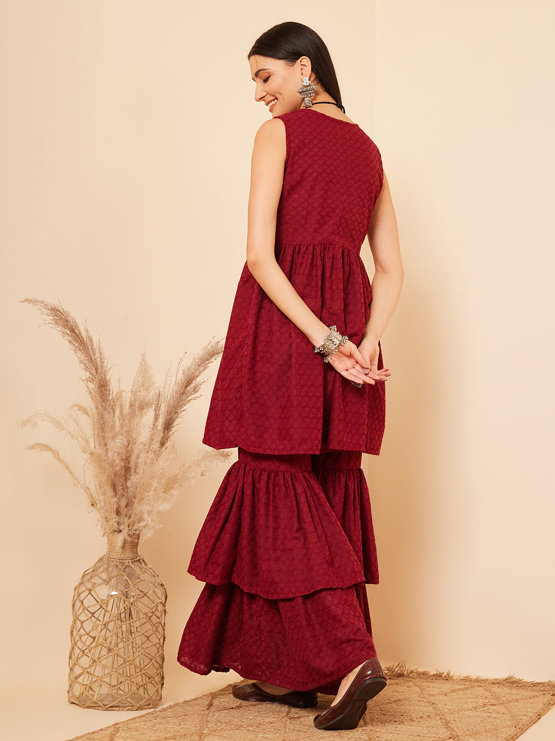 InWeave Women's Carmine Maroon Lace Work Double Layer Sharara Set