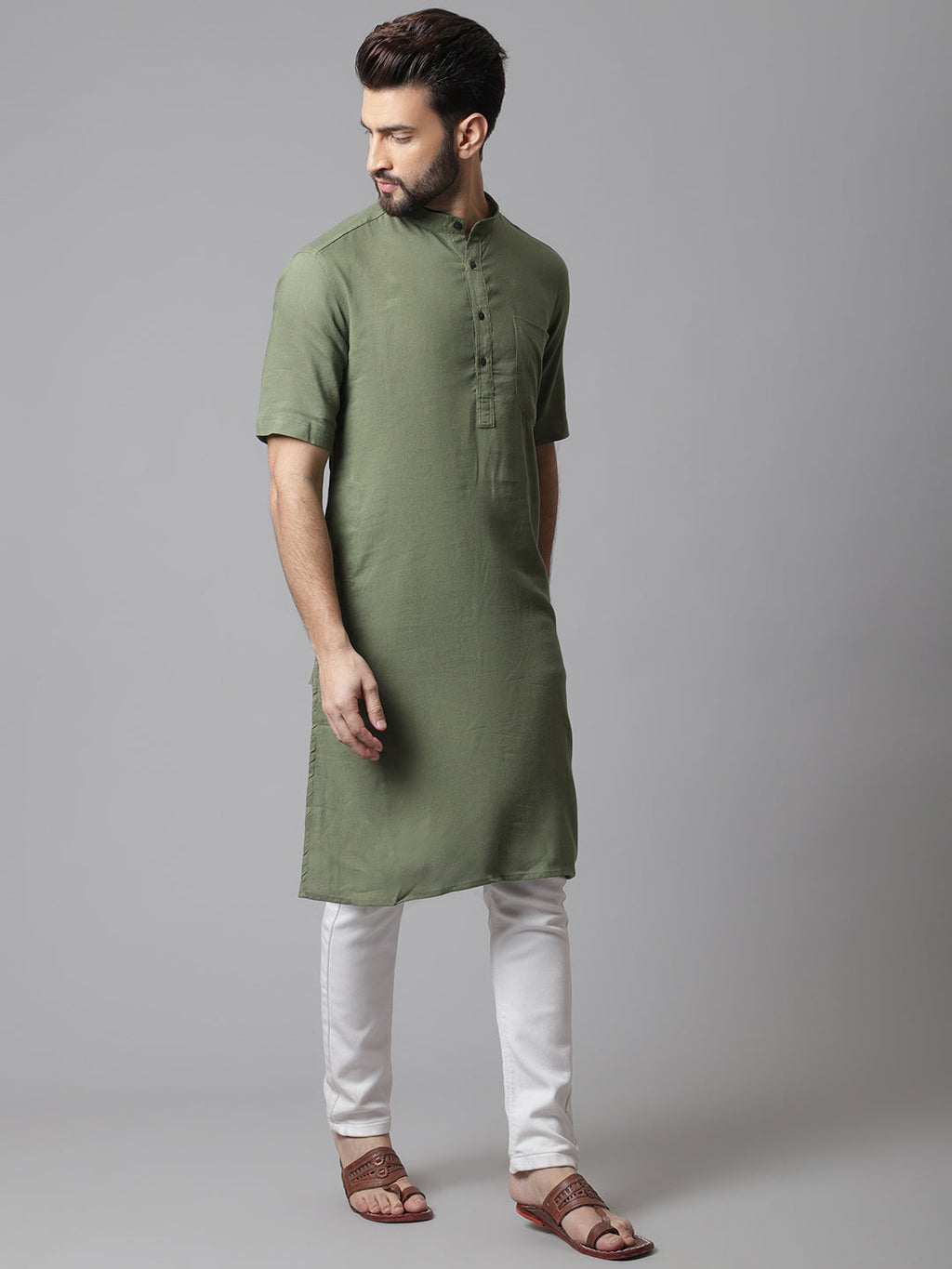 Even Apparels Green Pure Cotton Kurta With Band Collar