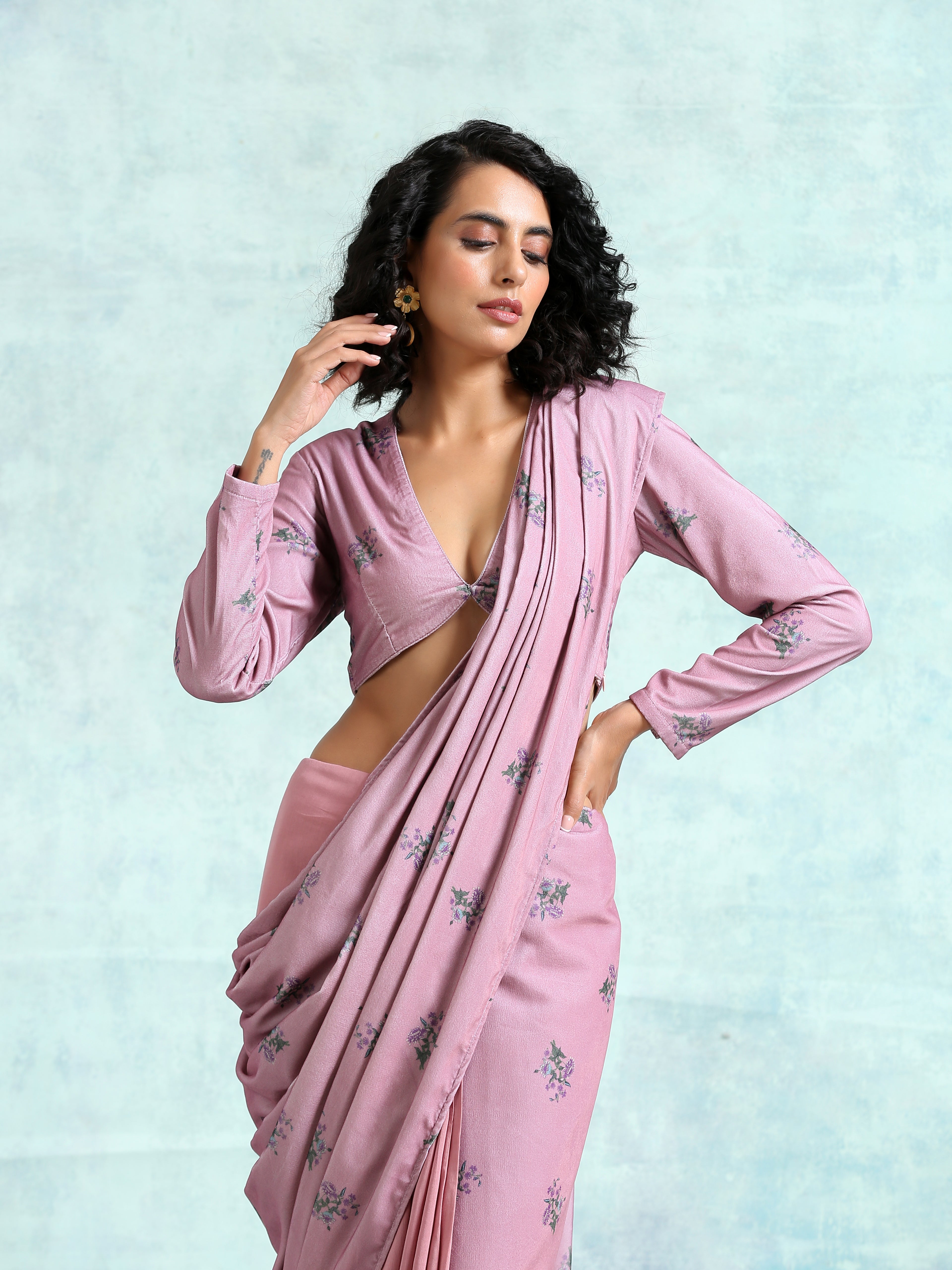 trueBrowns Light Mauve Printed Velvet Ready to Wear Saree