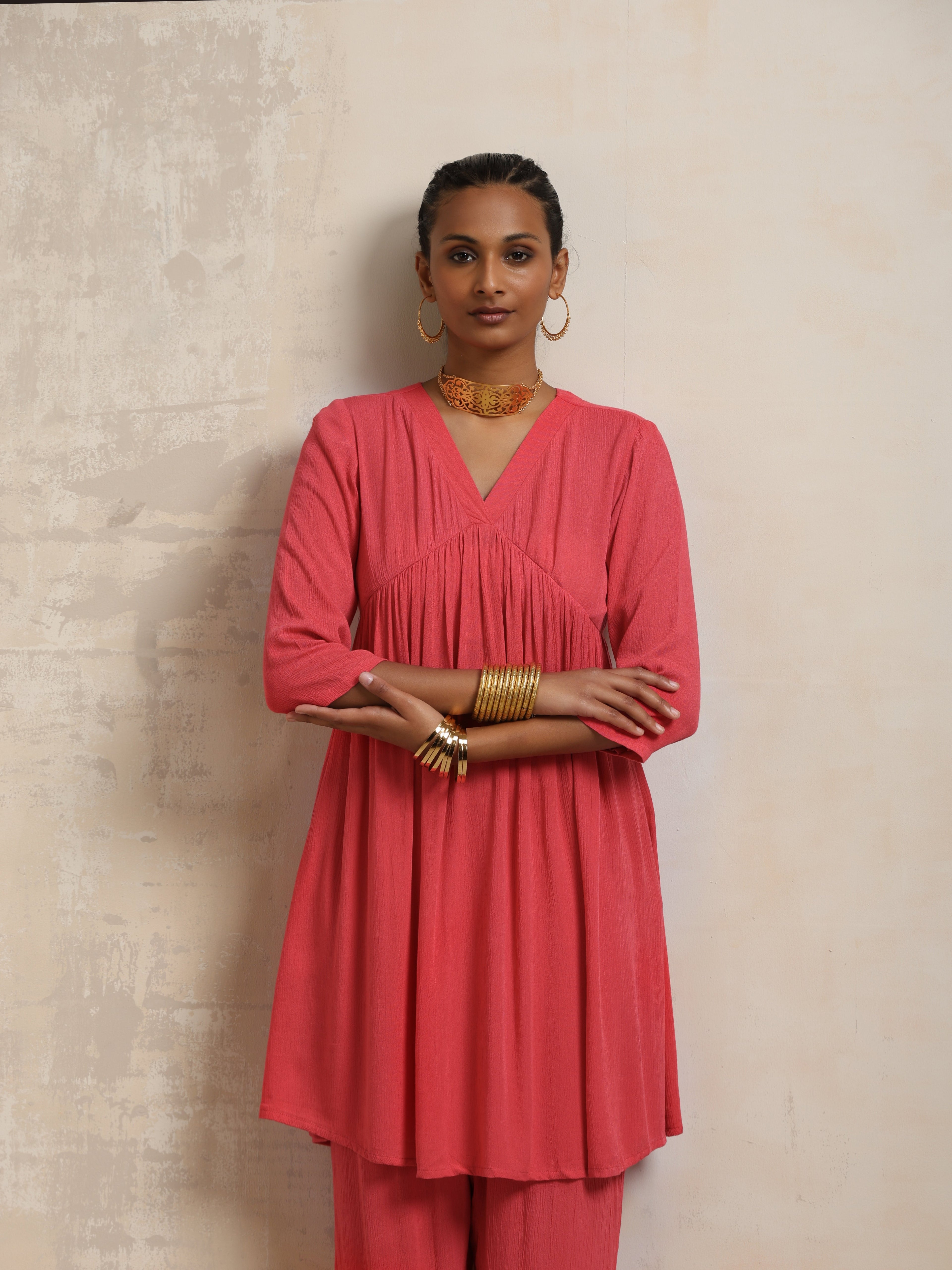 trueBrowns Peach Crinkle Flared Kurta Co-ord Set