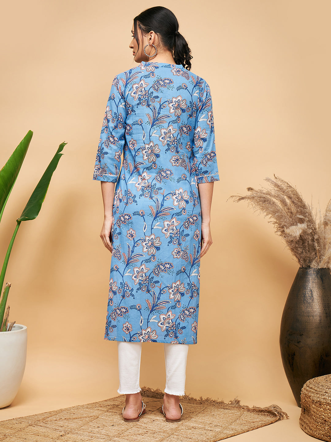 InWeave Women's Skyblue Pink Floral Angrakha Straight Kurta