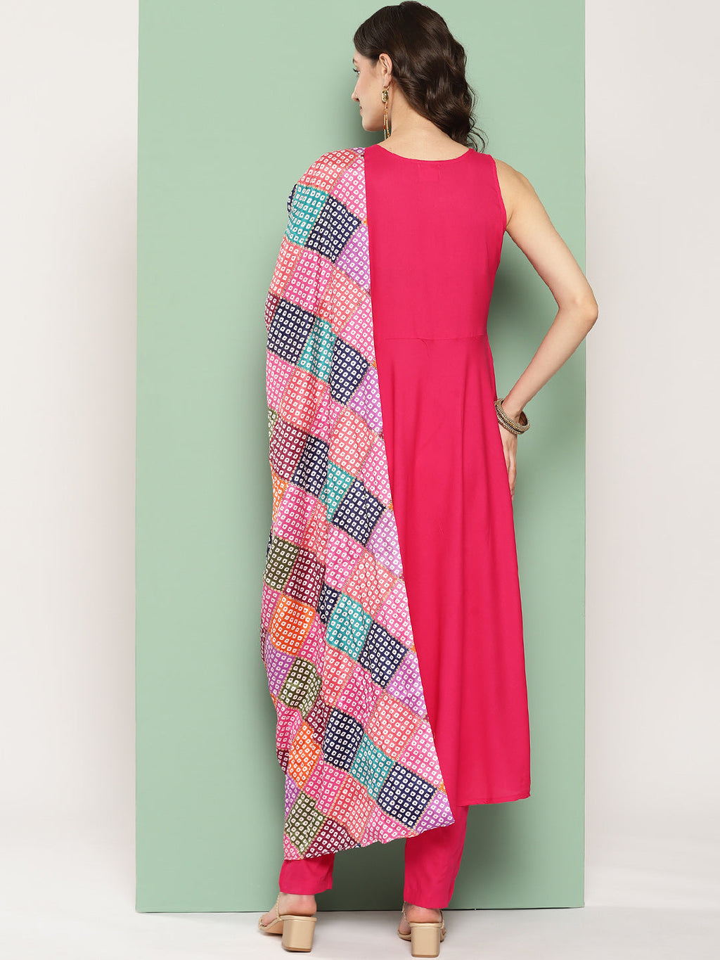InWeave Women's Fuchsia Mirror Work Strappy Set W Square Bandhani Print Silk Dup