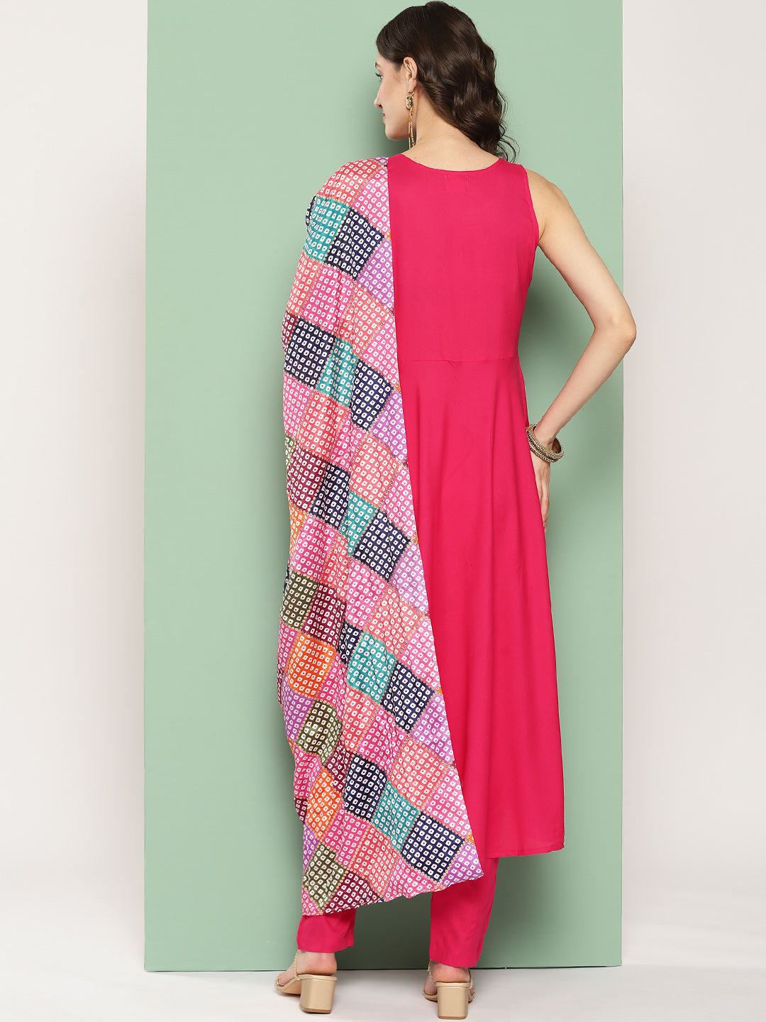 InWeave Women's Fuchsia Mirror Work Strappy Set W Square Bandhani Print Silk Dup