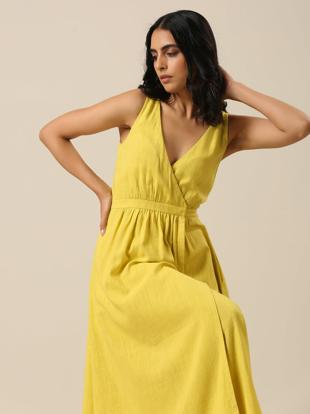 trueBrowns Lime Slub Texture Sleeveless Wrap Dress