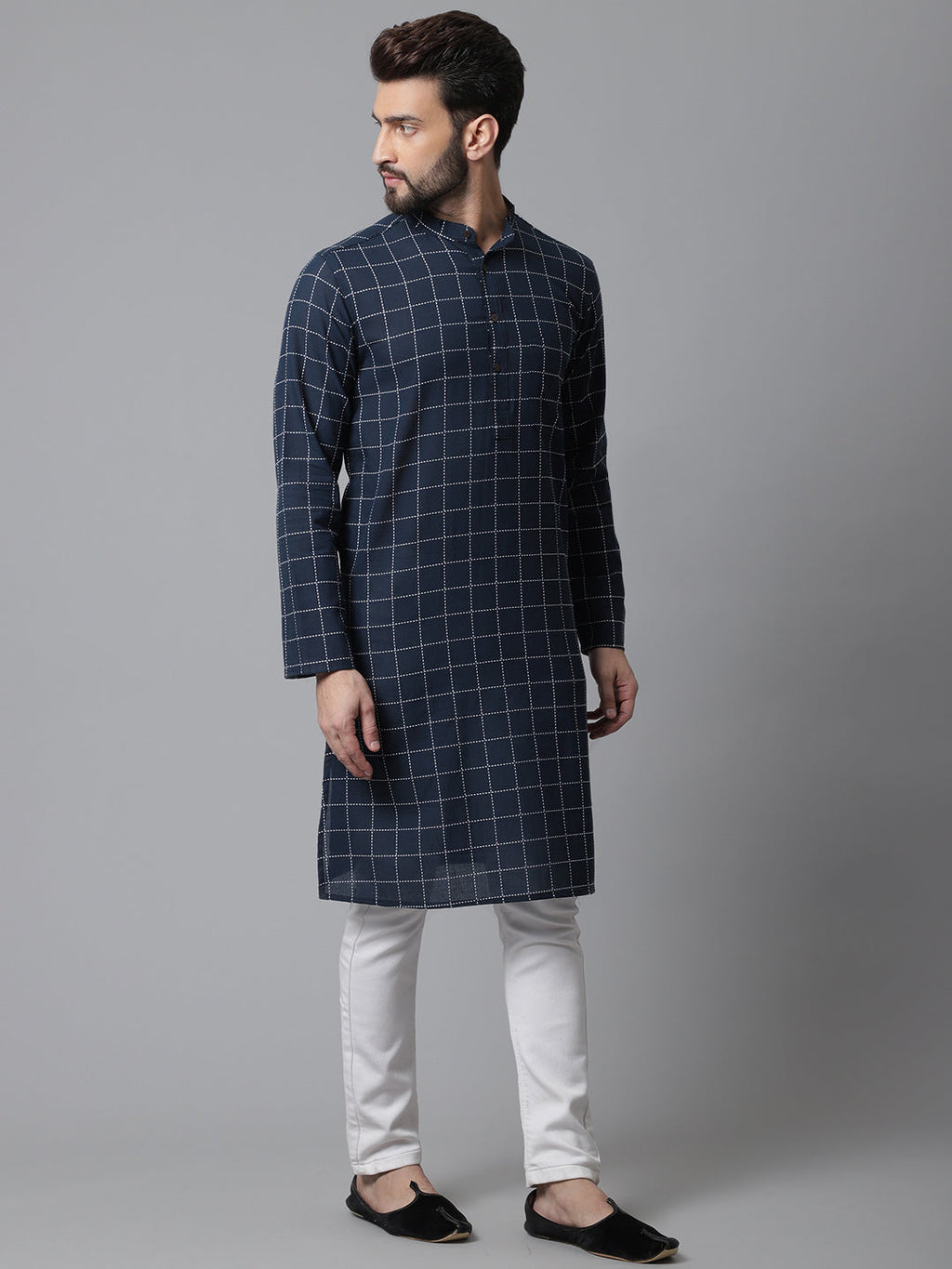 Even Apparels Blue Solid Kurta With Band Collar