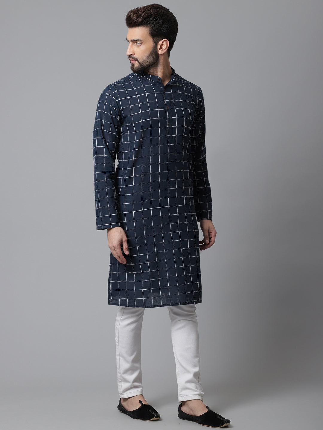 Even Apparels Blue Solid Kurta With Band Collar