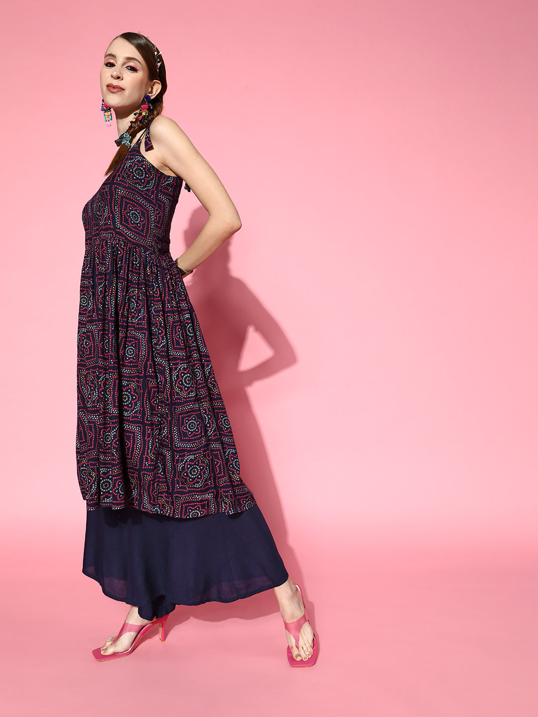 InWeave Women's Navy Bandhani Backdetail Kurta Set