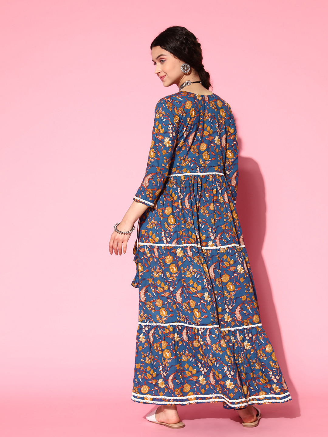 InWeave Women's Blue Floral Print Dress With Lace