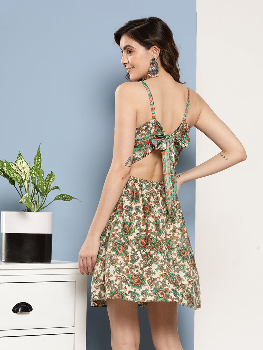 InWeave Women's Dark Green Floral Back Tie Up Detail Dress