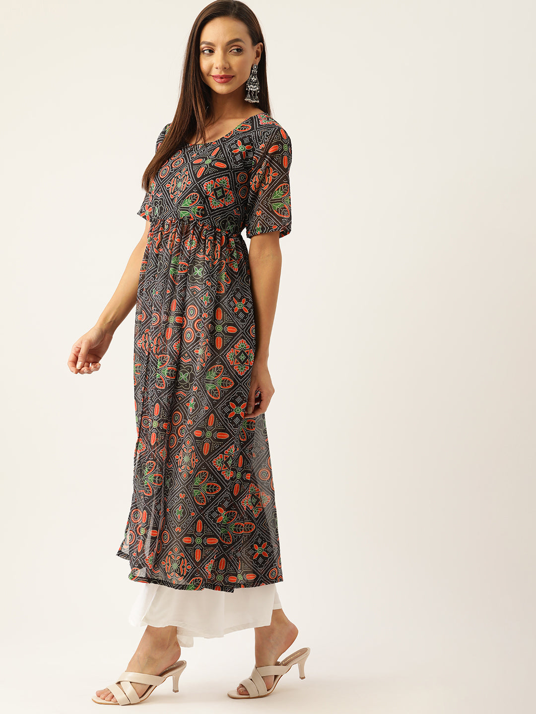 InWeave Women's Black Bandhani Georgette Front Slit Kurta Set