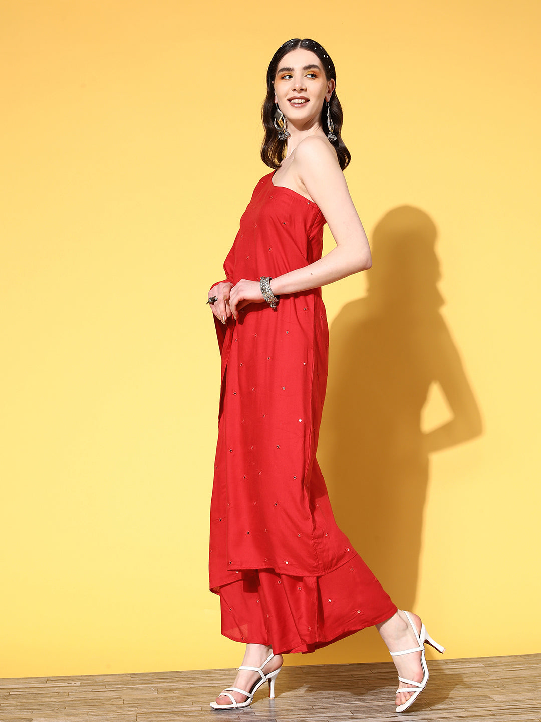 InWeave Women's Red Mirror Work One Shoulder Kurta Set