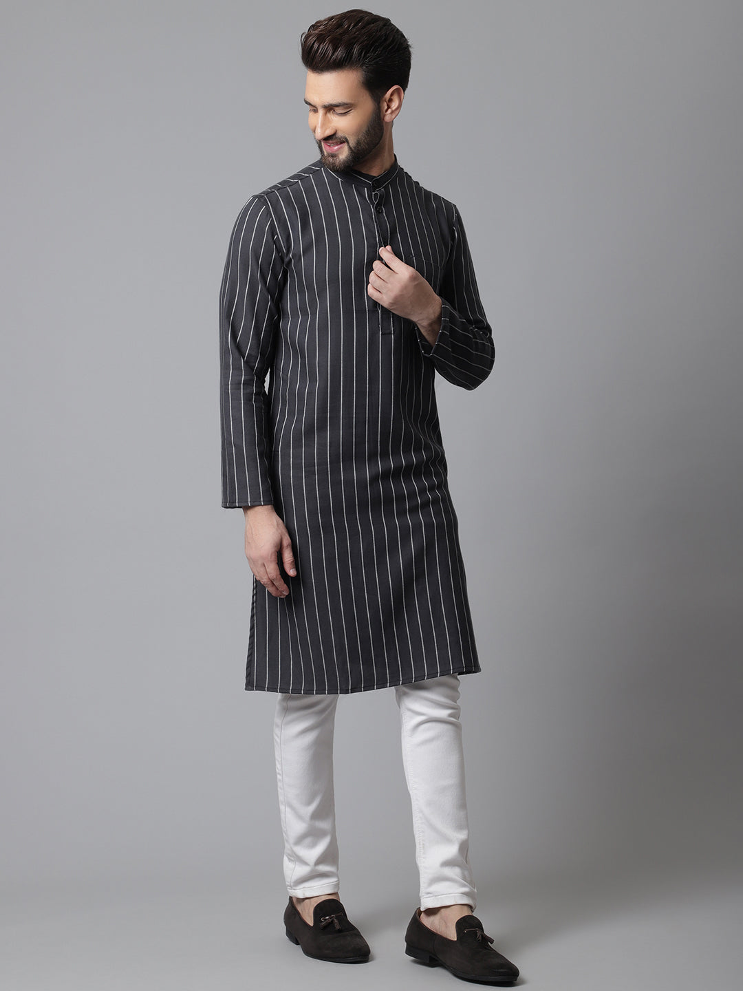 Even Apparels Black Pure Cotton Kurta With Band Collar
