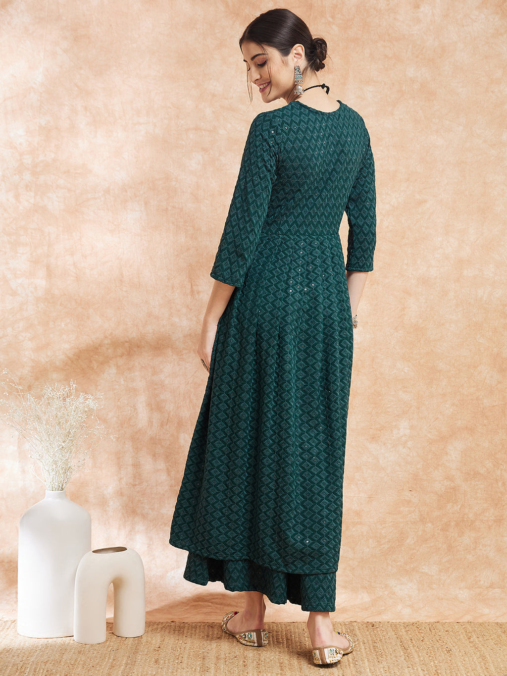 InWeave Women's Forest Green Chikankari Long Anarkali Kurta Sharara Set