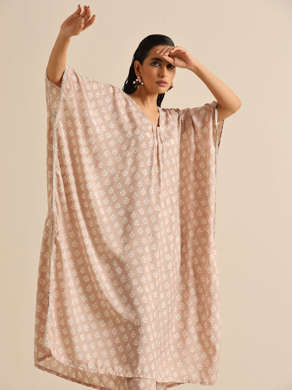 trueBrowns Beige White Floral Silk Print Kaftan Pant Set
