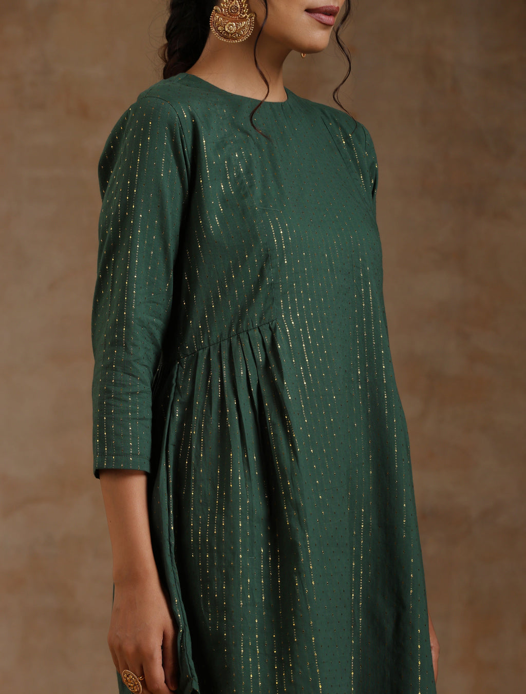 trueBrowns Dark Green Gold Cotton Side Gather Co-Ord Set