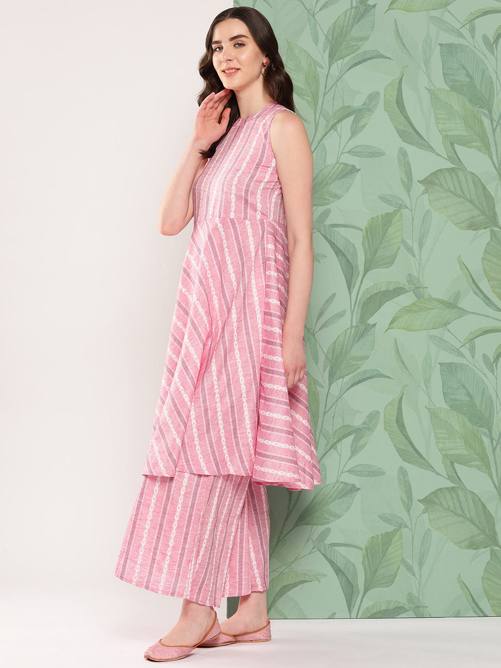 InWeave Women's Pink Kantha Striped Kurta Set