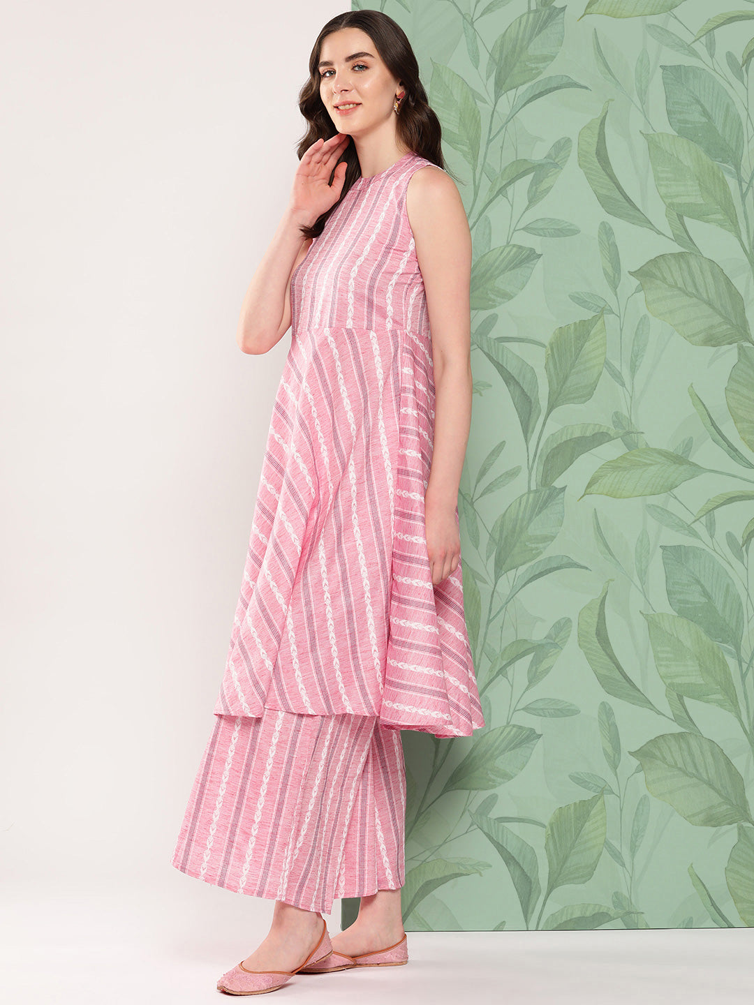 InWeave Women's Pink Kantha Striped Kurta Set