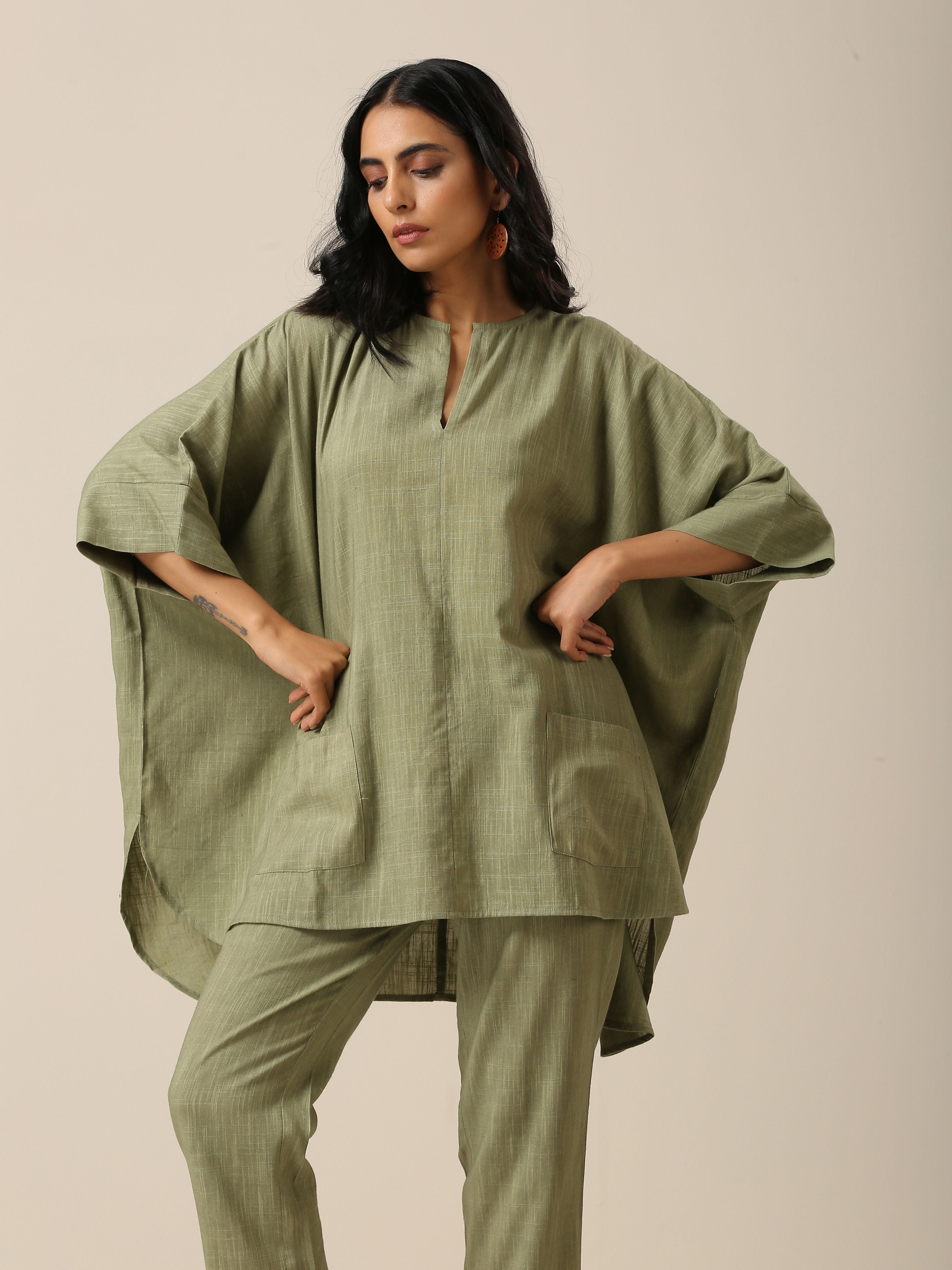 trueBrowns Sage Slub Texture Boxy Fit High Low Co-Ord Set