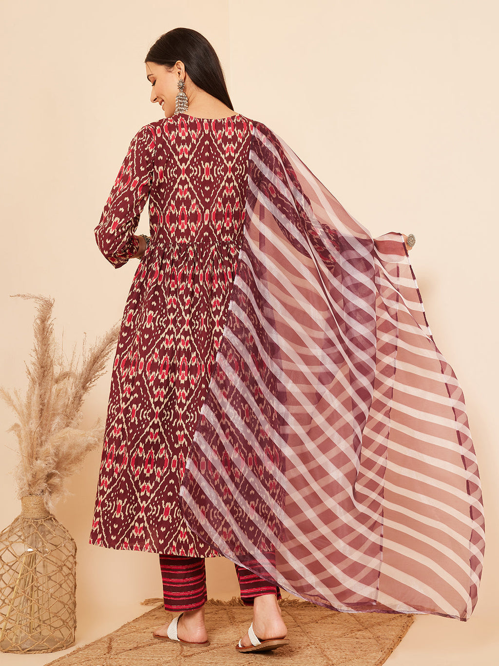 InWeave Women's Wine Ikkat Print Alia Cut Gota Work Kurta Set W Wine Leh Dup