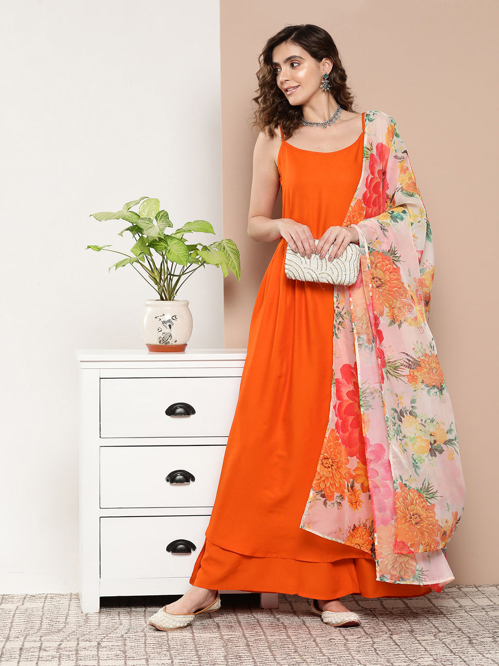 InWeave Women's Orange Strppy Set With Red Big Floral Print Dupatta