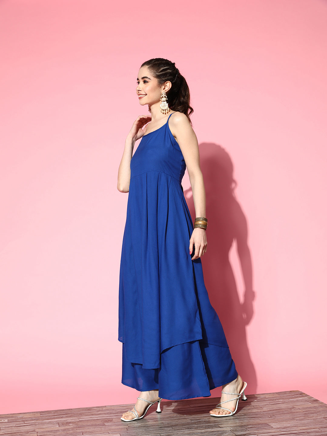 InWeave Women's Ink Blue Strappy Kurta Set With Teal Organza Cape