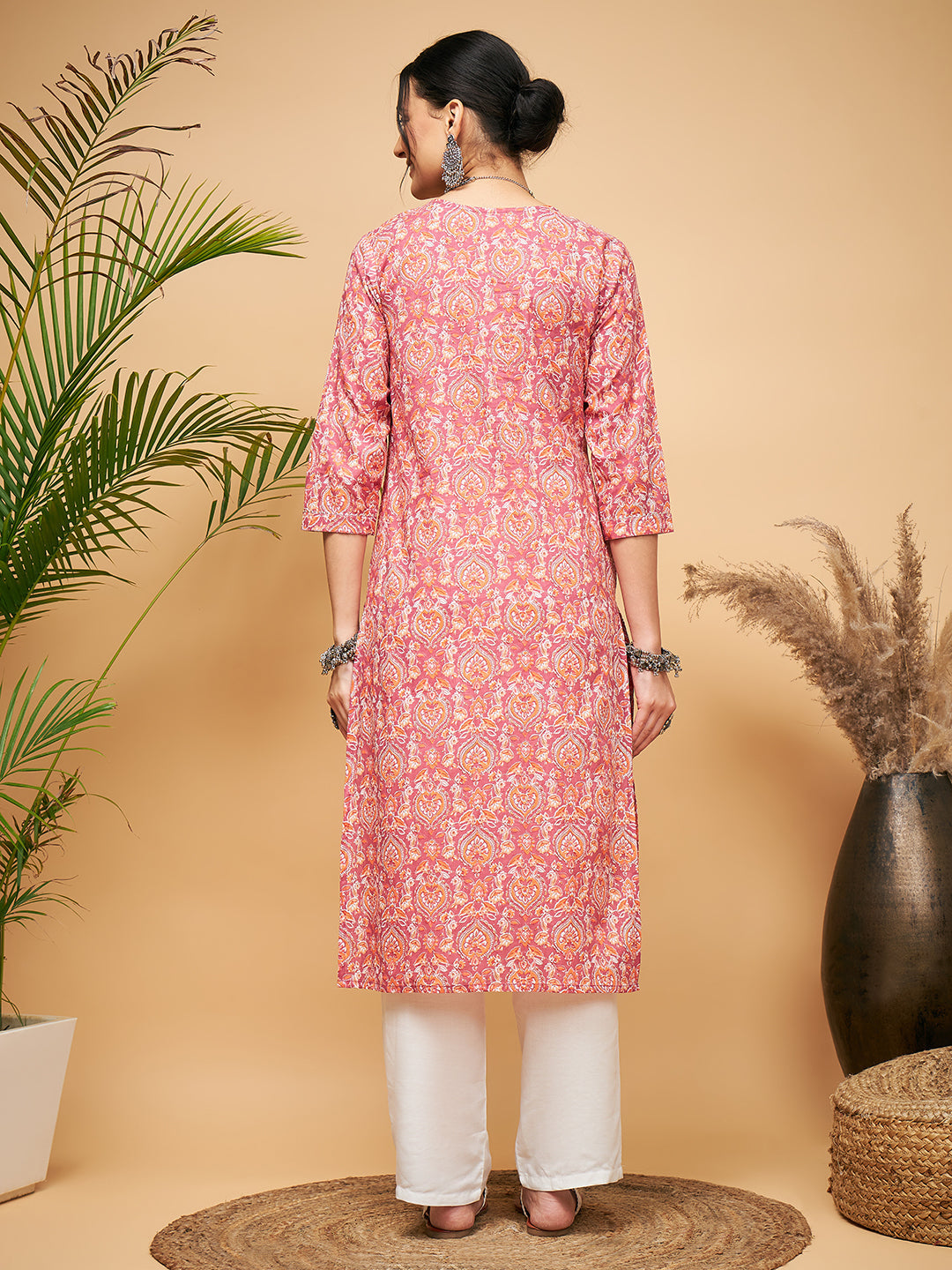 InWeave Women's Dusty Pink Paisley Patch Straight Kurta