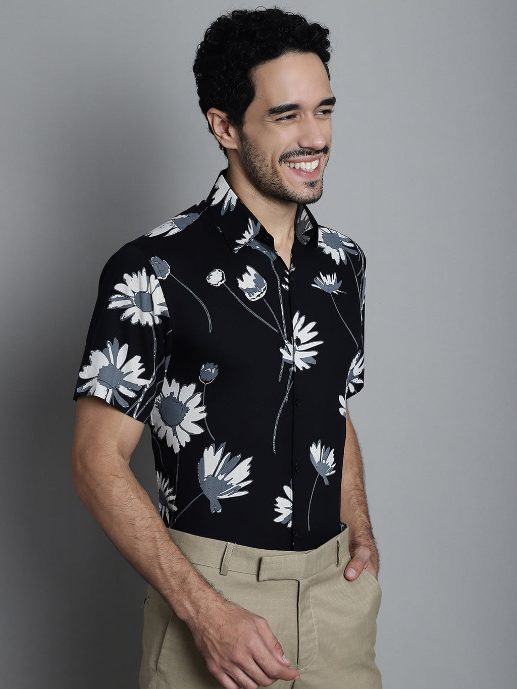 Jainish Men's Floral Printed Formal Shirts - Black