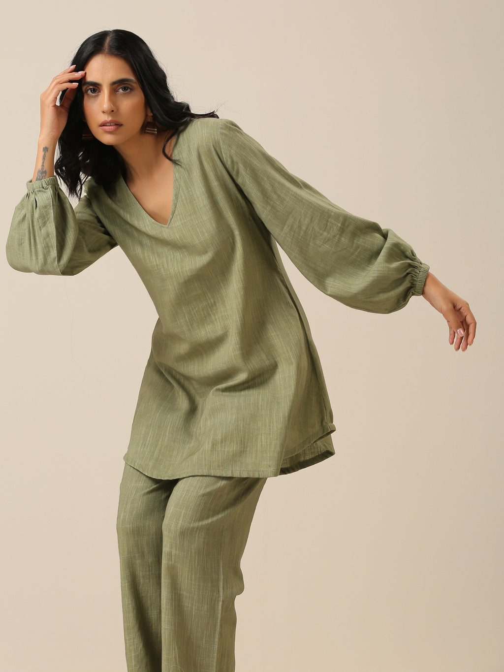 trueBrowns Sage Slub Textured Short Co-Ord Set