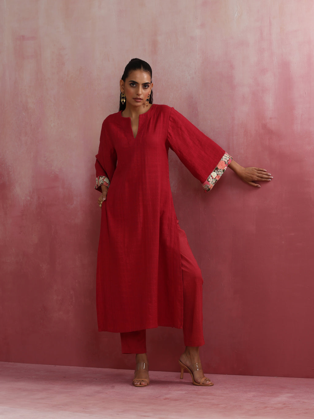 trueBrowns Red Straight Cotton Dobby Kurta Set