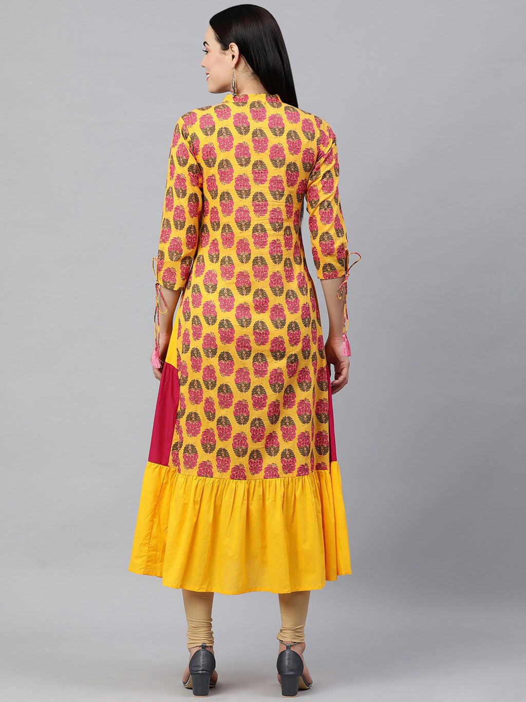 HERE&NOW Women Yellow & Pink Ethnic Motifs Pure Cotton Printed Kurta
