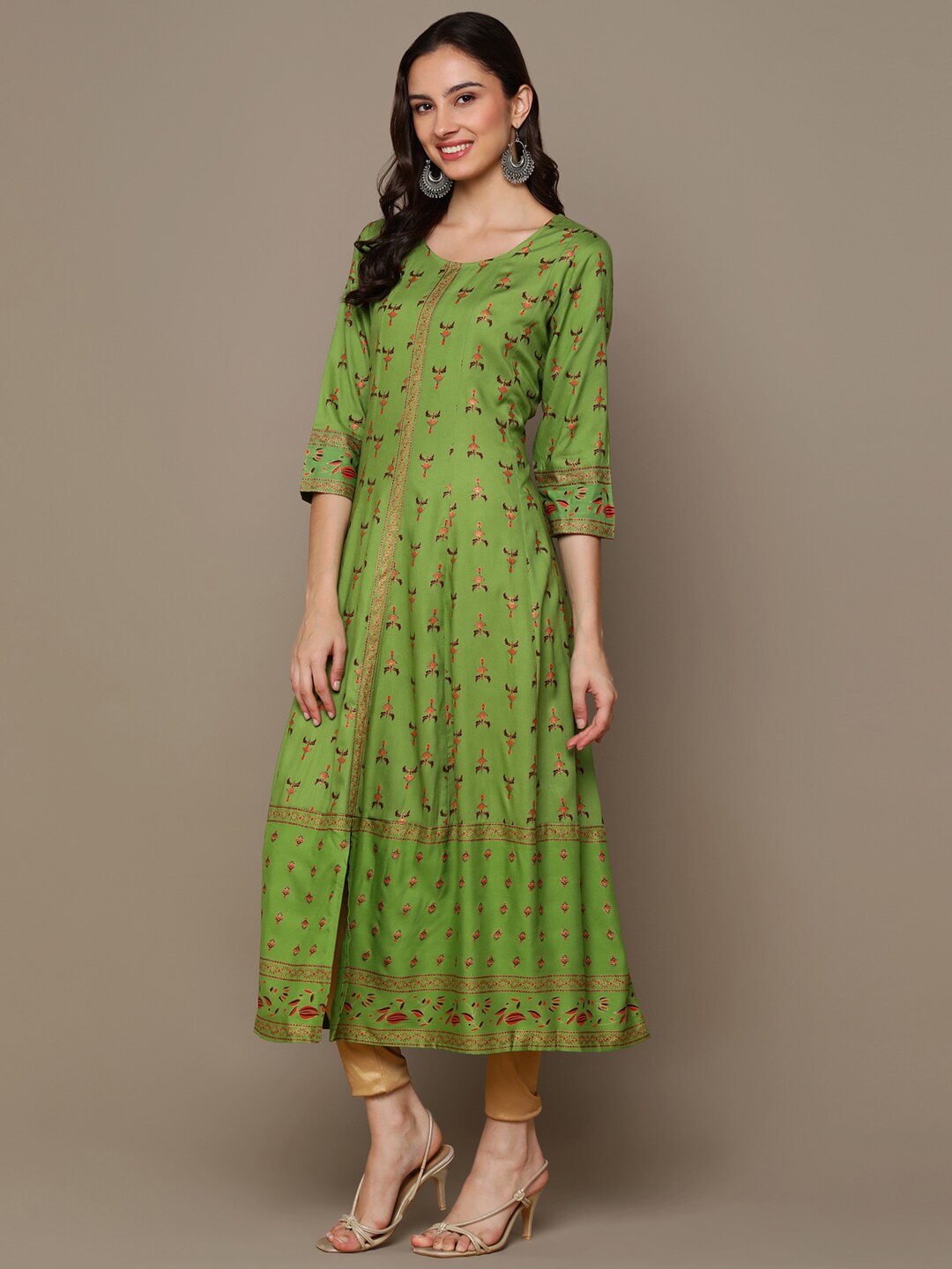 HERE&NOW Green & Maroon Ethnic Motifs Printed A-Line Kurta