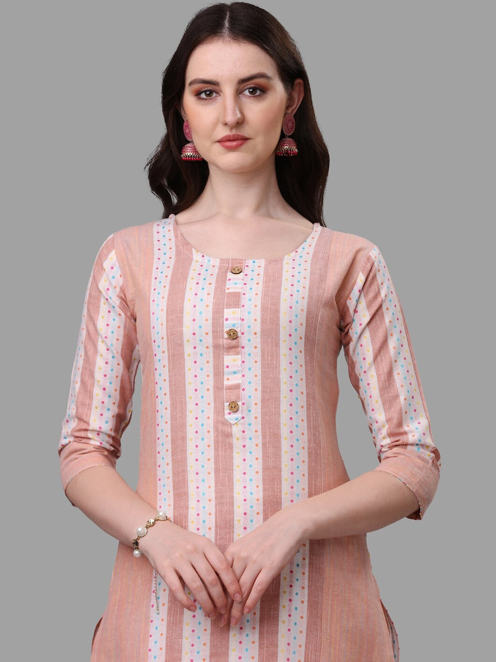 HERE&NOW Peach & White Striped Pure Cotton Kurta With Trousers & Dupatta