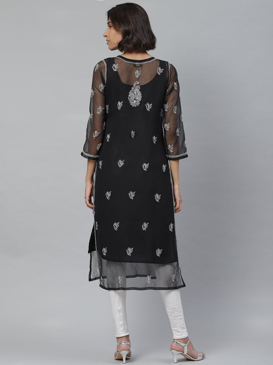 ADA Women Black & White Paisley Chikankari Embroidered Straight Handloom Kurta