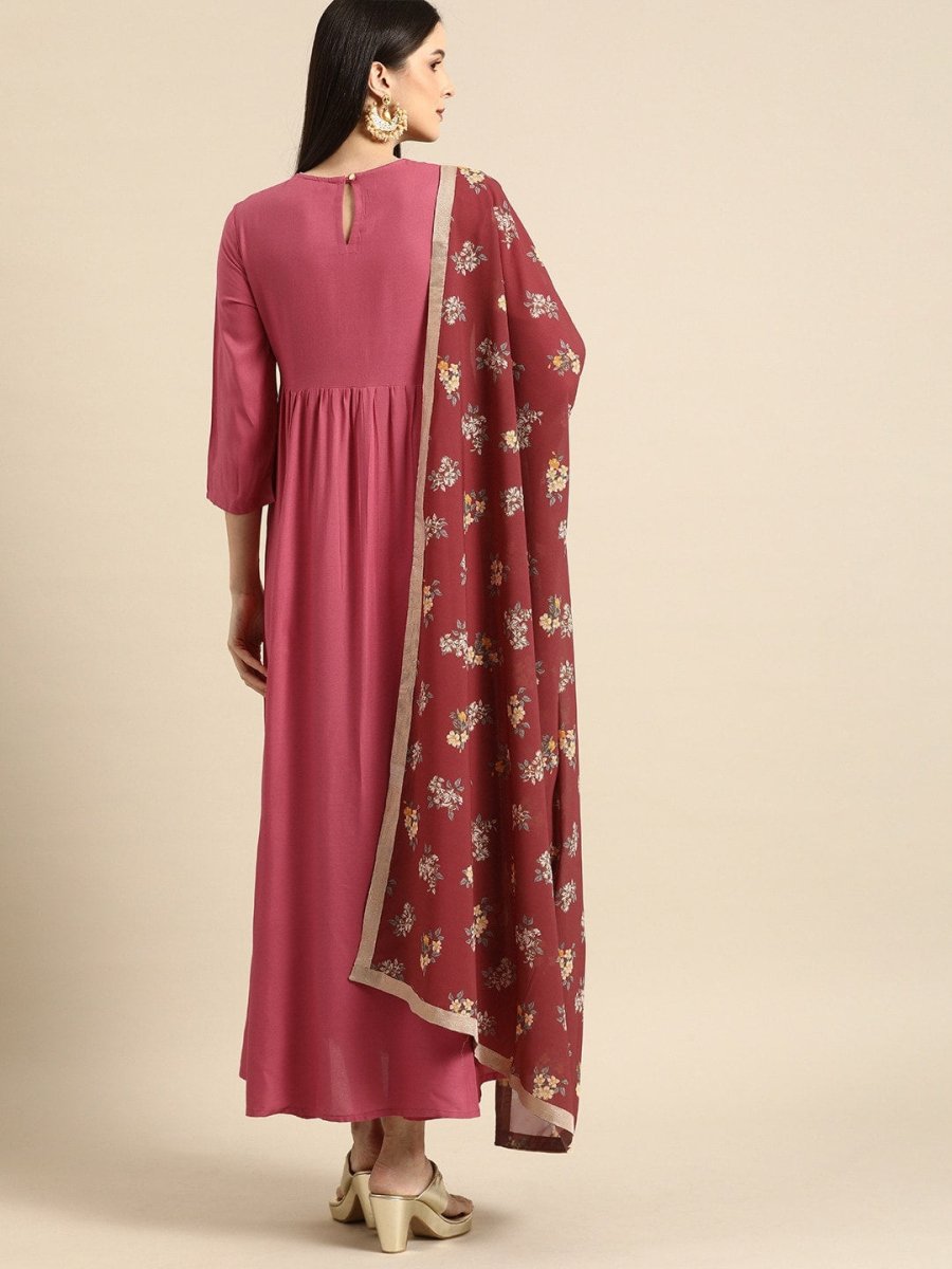 All About You Women Rust Pink Ethnic Motifs Yoke Design Thread Work Kurta with Dupatta