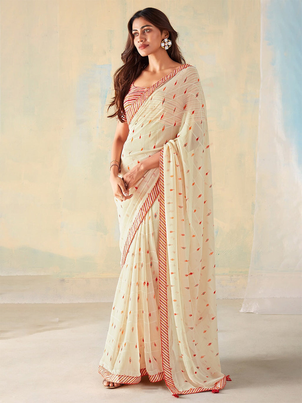 Saree Mall Geometric Printed Gotta Patti Pure Georgette Sarees