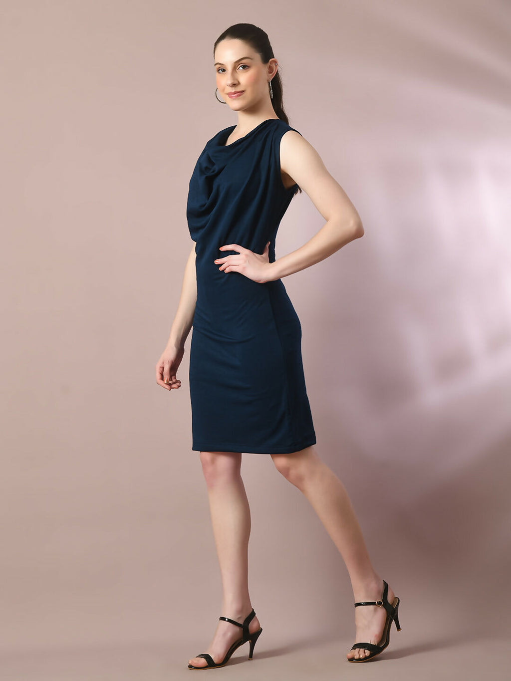 Myshka Women's Navy Blue Solid Cowl Neck Bodycon Party Dress