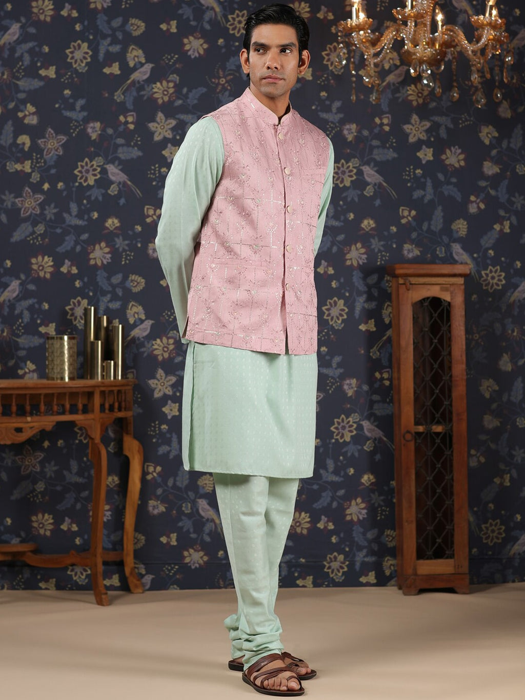 House of Pataudi Mandarin Collar Straight Kurta With Churidar & Embroidered Nehru Jacket