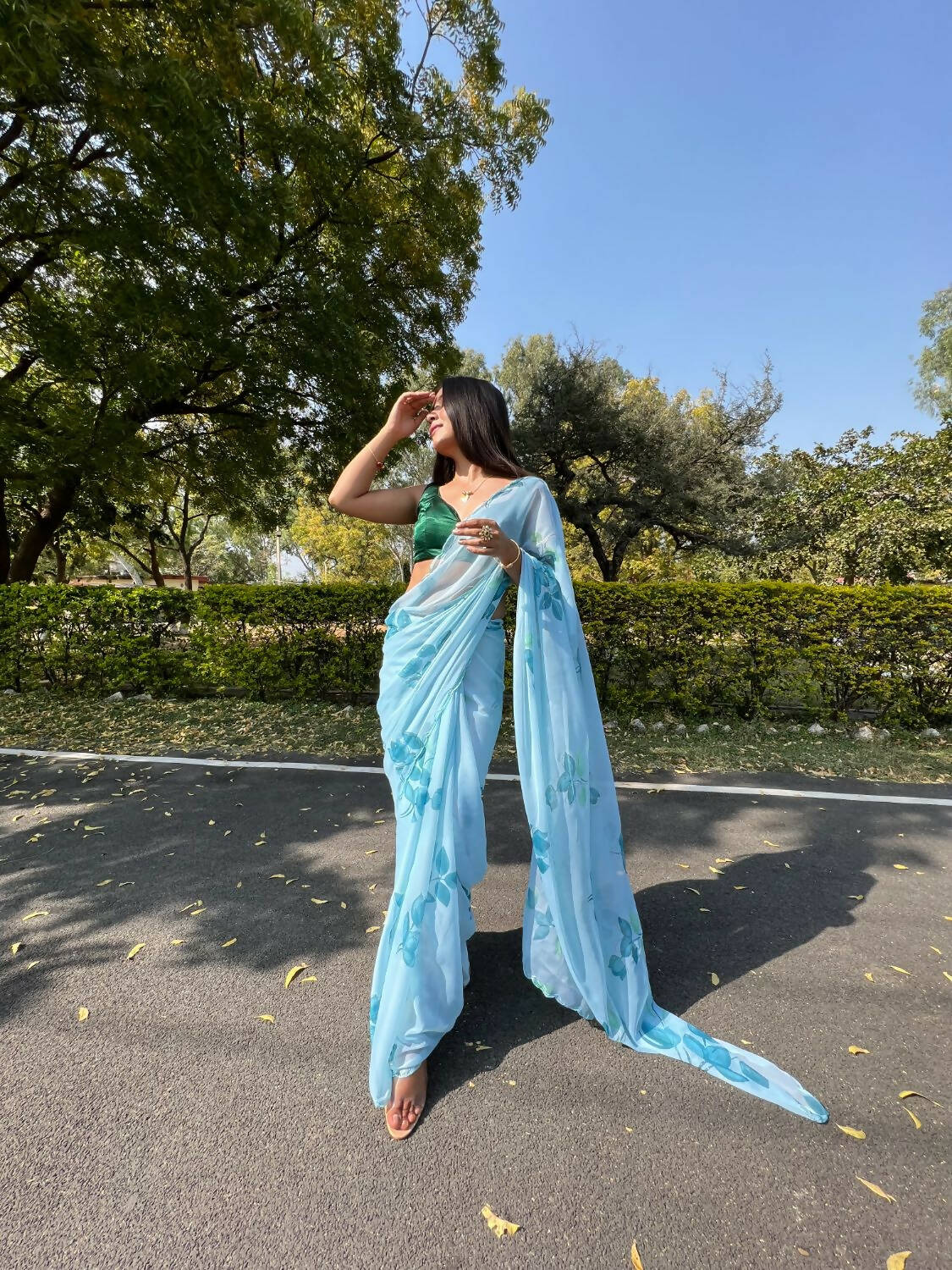 Vamsee Sky Blue Chiffon Designer Saree