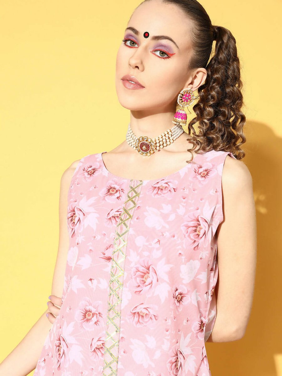 Ahalyaa Women Rose Colour Organza Digital Printed Kurta Pant Set