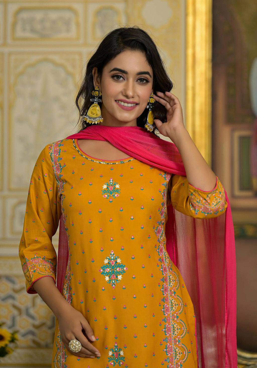 Juniper Women's Mustard Ethnic Motif Printed Liva Rayon Tunic Sharara And Dupatta Set With Sequins & Gota Patti Work