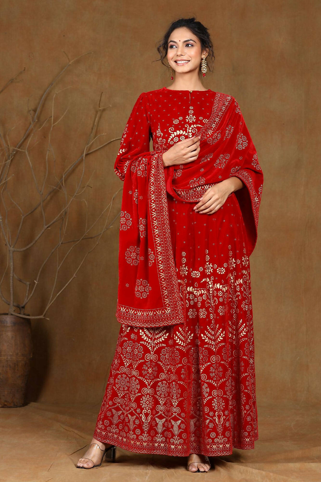 Juniper Women Maroon Velvet Printed Flared Lehenga Choli Sets