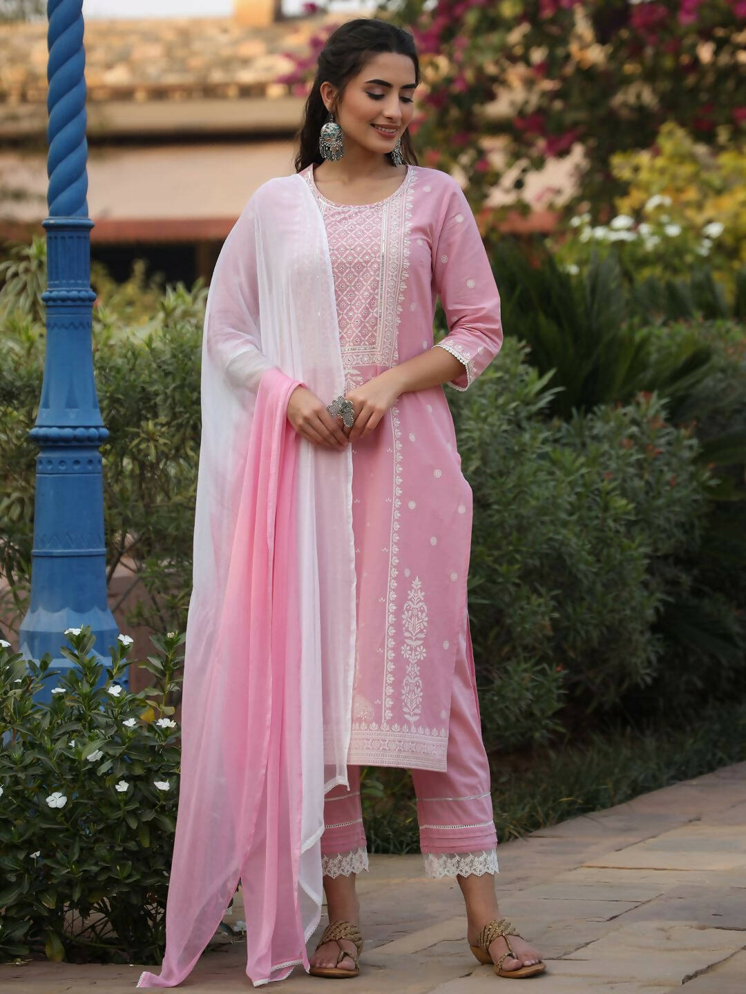 Juniper Women's Pink Cambric Floral Print Kurta Straight Pant And Duptta Sets