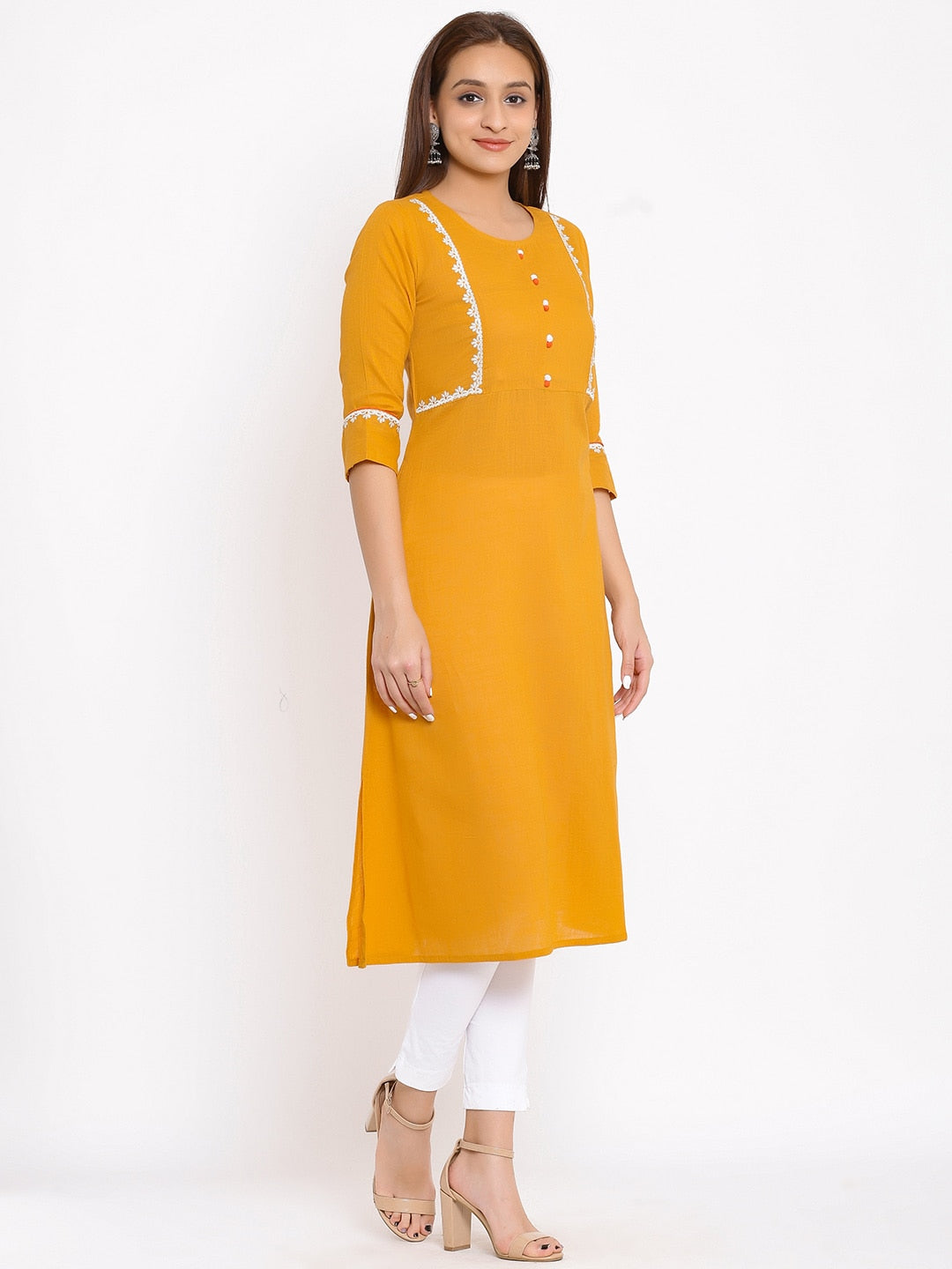 HERE&NOW Mustard Yellow & White Ethnic Motifs Embroidered Straight Kurta