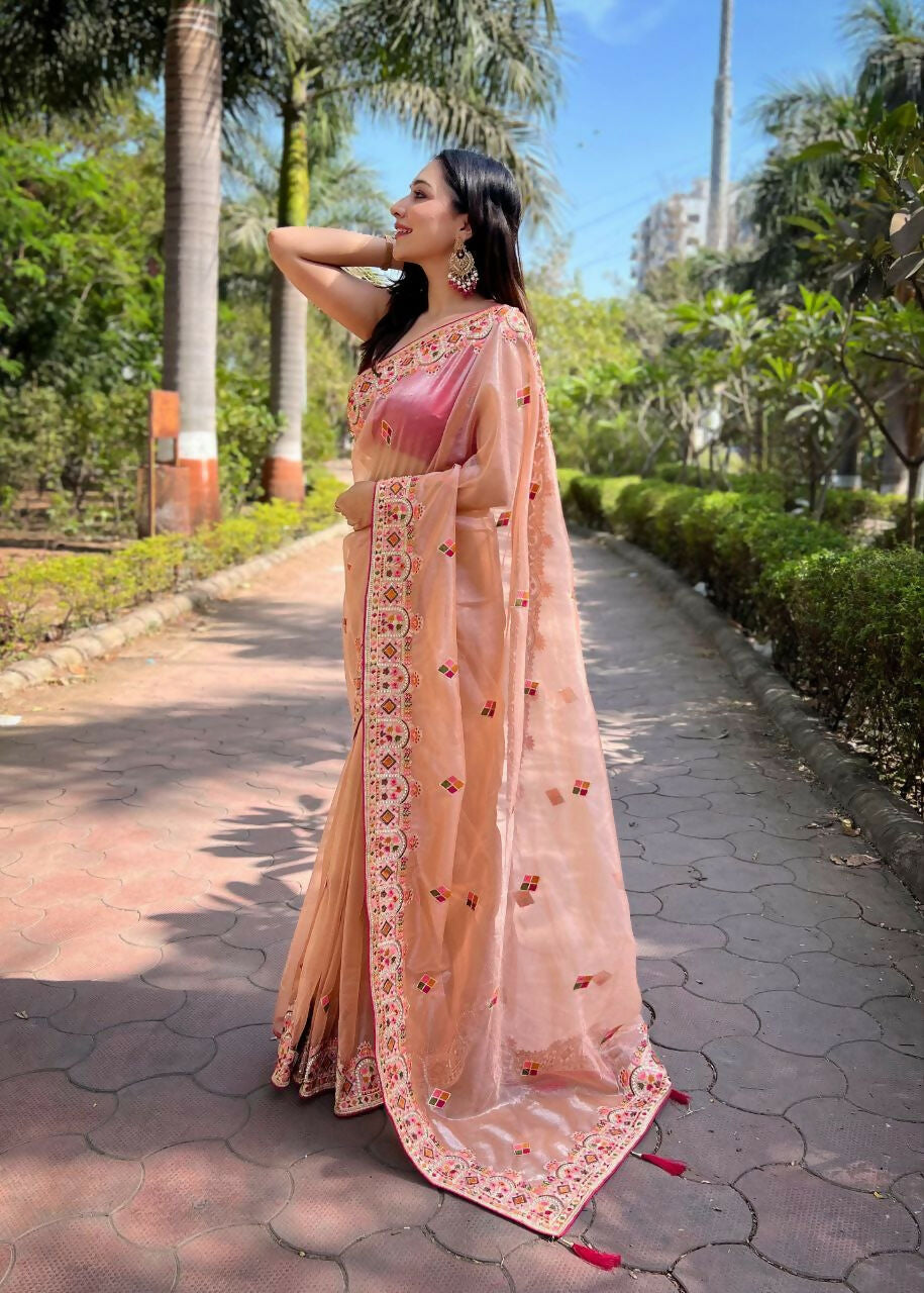 Vastranavya Twill Net Designer Embroidery & Colour Thread & Diamond work Saree with Blouse Material - Peach